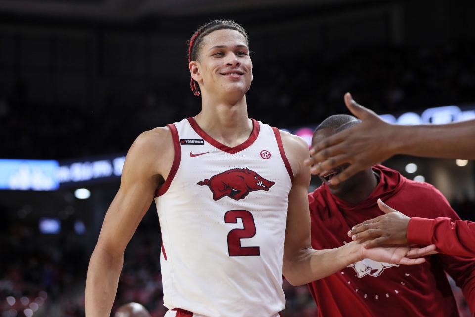 December 30, 2023;  Fayetteville, Arkansas, USA;  Arkansas Razorbacks forward Trevon Brazile (2) returns to the bench following a technical foul in the second half against the UNC Wilmington Seahawks at Bud Walton Arena.  Mandatory Credit: Nelson Chenault-USA TODAY Sports