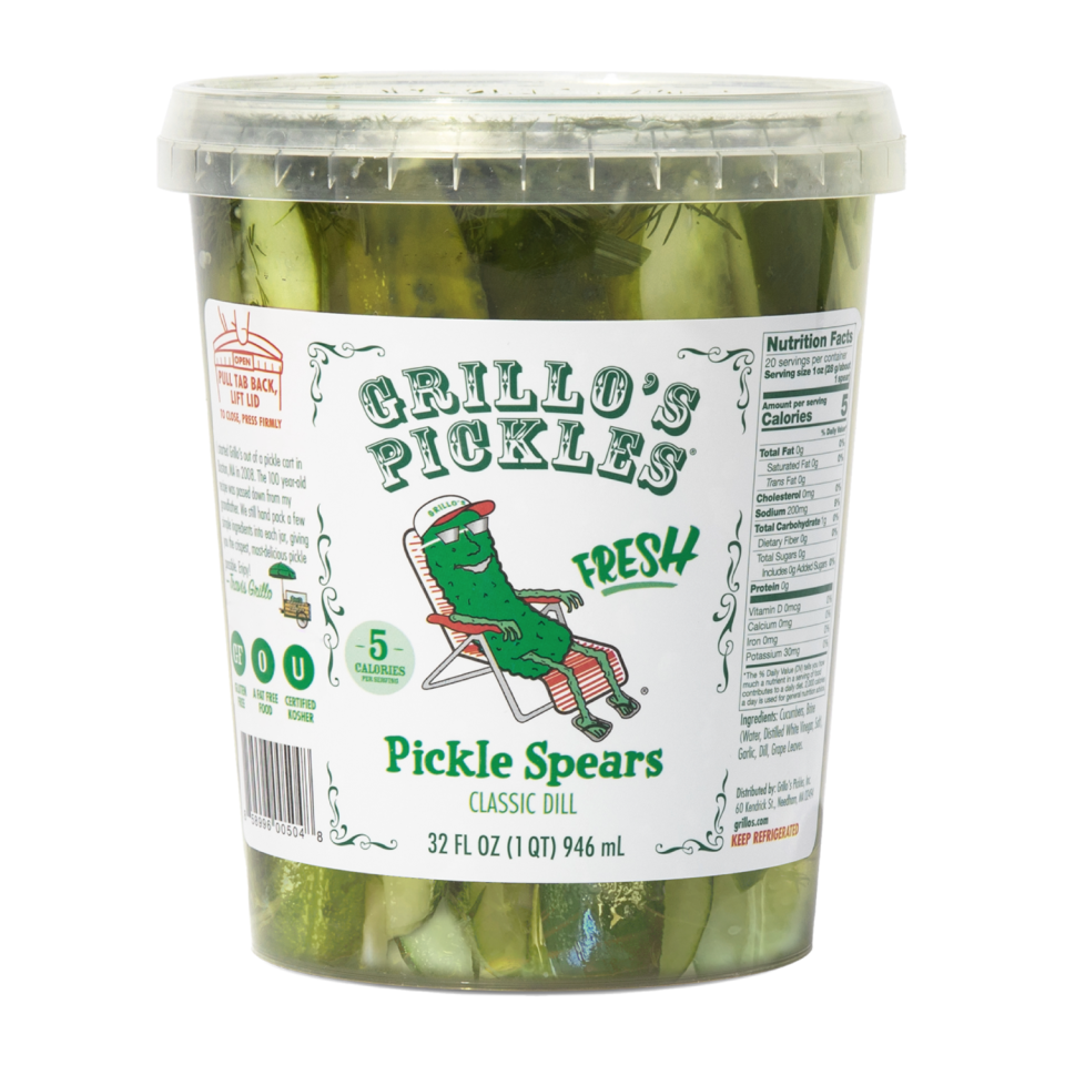 A container of Grillo's Pickles, which notably does say the word “pickle” on it.  (Grillo's Pickles)