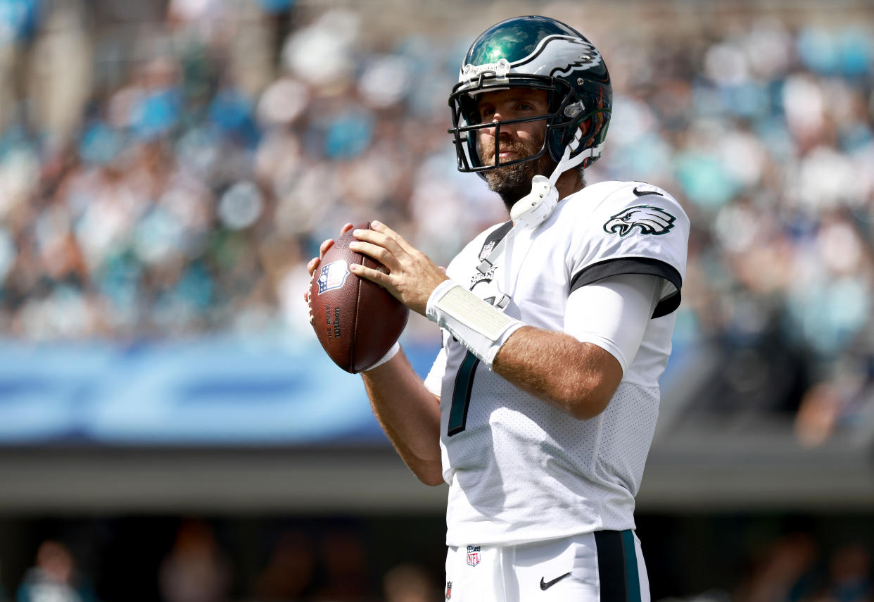 CHARLOTTE, NORTH CAROLINA - OCTOBER 10: Joe Flacco #7 of the Philadelphia Eagles during their game against the Carolina Panthers at Bank of America Stadium on October 10, 2021 in Charlotte, North Carolina. (Photo by Grant Halverson/Getty Images)