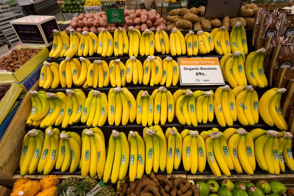 A display of bananas at Whole Foods