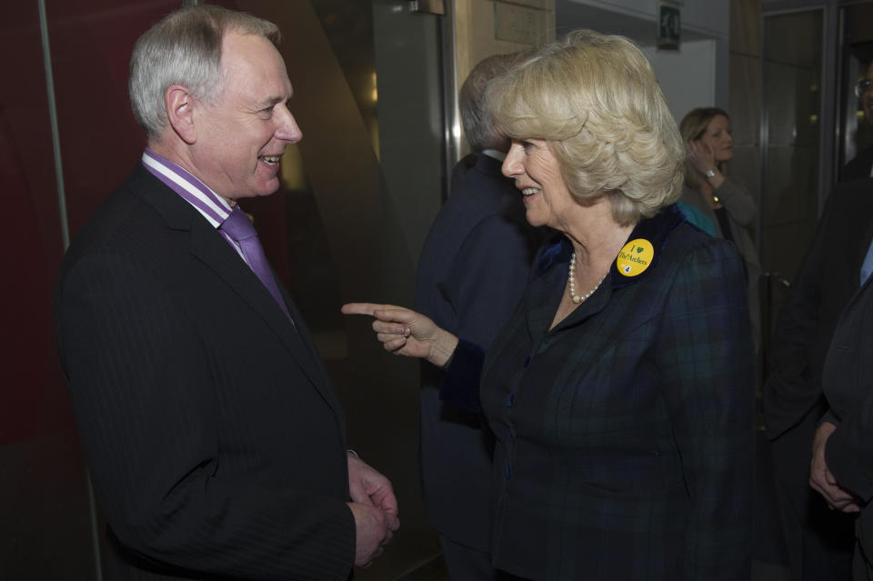 The Duchess of Cornwall talks to BBC presenter Nick Owen during a visit to BBC Birmingham.