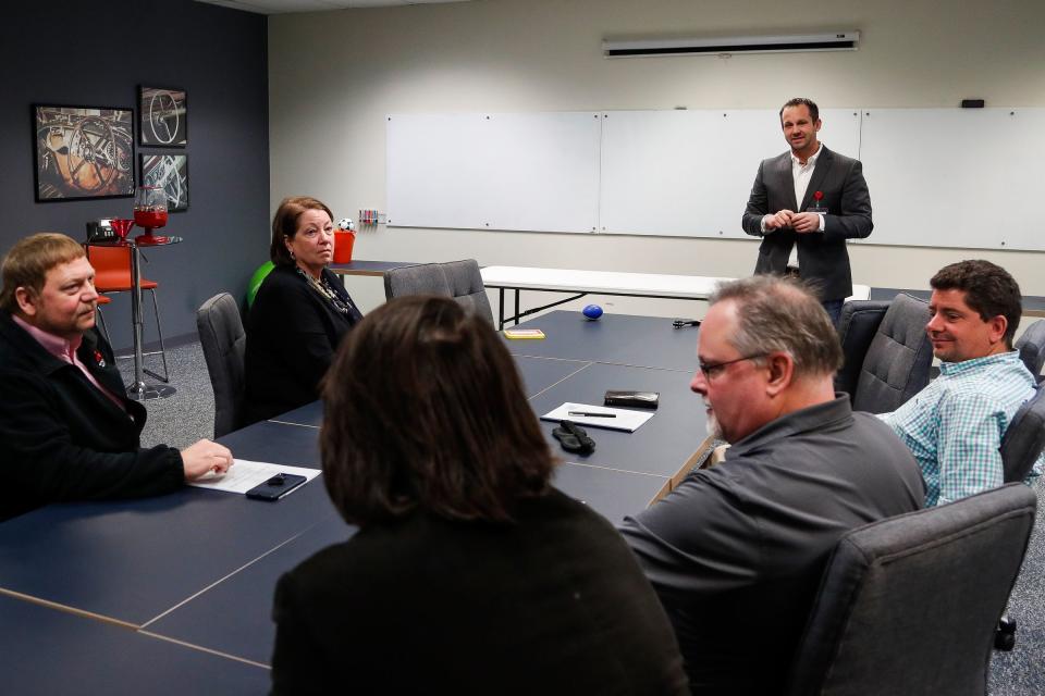 Dave Bann, Leader Dogs for the Blind corporate engagement manager, presents to a group during a Harness the Power of Leadership session at Mitsubishi Motors R&D Of America Ann Arbor Laboratory in Ann Arbor, Tuesday, Jan. 29, 2019.