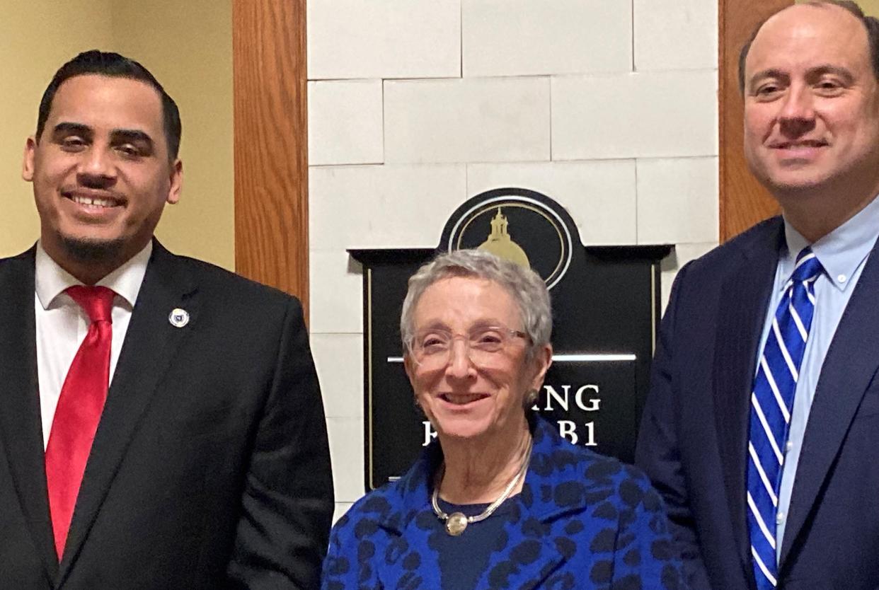 Rep. Manny Cruz, left, Rep. Ruth Balser and Sen. Jamie Eldridge appeared to testify in support of the so-called Safe Communities Act.