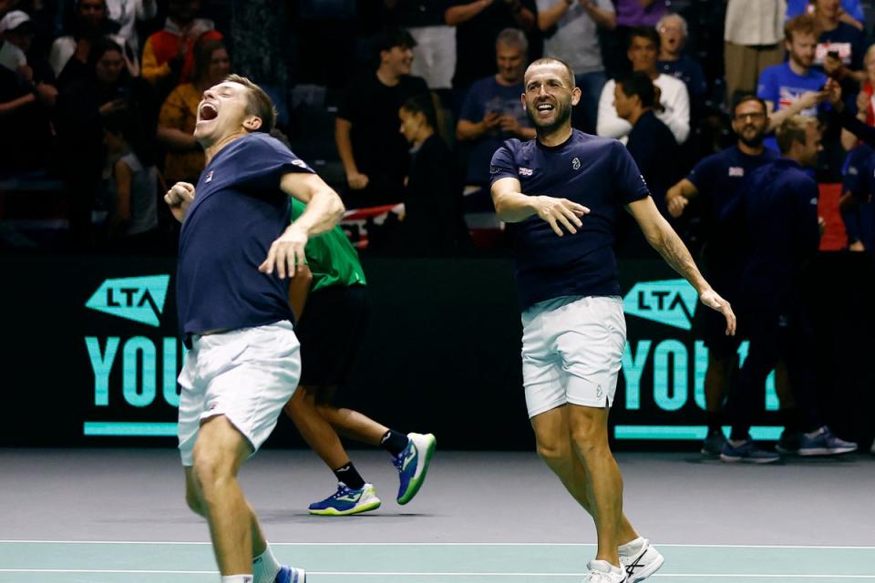 Jubilation: Neal Skupski and Dan Evans beat Nicolas Mahut and Edouard Roger-Vasselin to seal victory for Britain over France  (Action Images via Reuters)