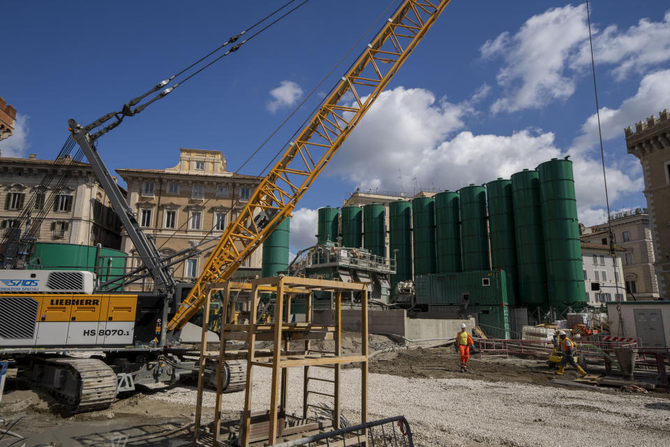 A view of the construction site of the new 25.5-kilometer Metro C subway main hub in Piazza Venezia in central Rome, Thursday, May 23, 2024. During a tour Thursday of the construction site at Piazza Venezia, chief engineer Andrea Sciotti said works on the nearly 3 billion euro project, considered one of the most complicated in the world, were running at pace to be completed by 2034. (AP Photo/Domenico Stinellis)