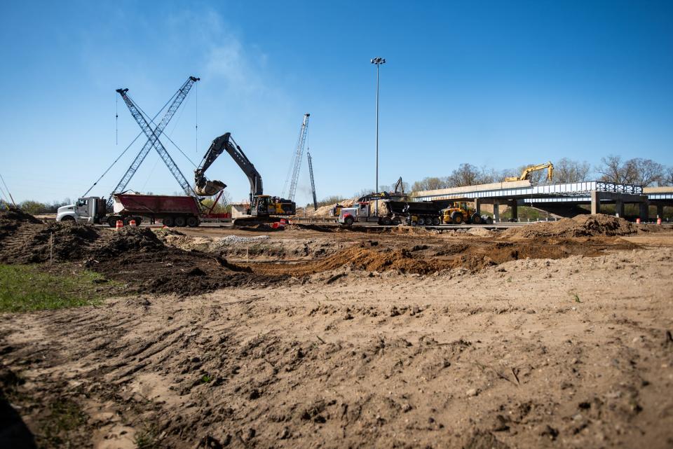 The US-127 bridge at Trowbridge Road seen Monday, April 22, 2024, under deconstruction.