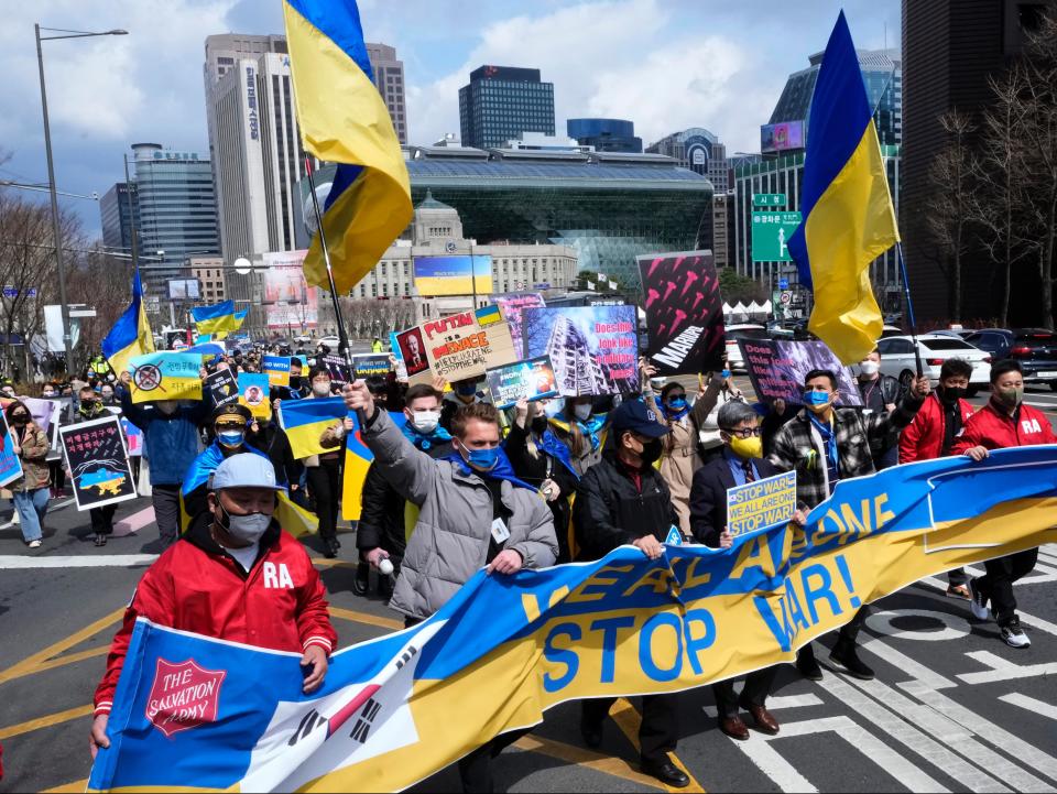 South Koreans in Seoul protest near the Russian embassy (Ahn Young-joon/AP)