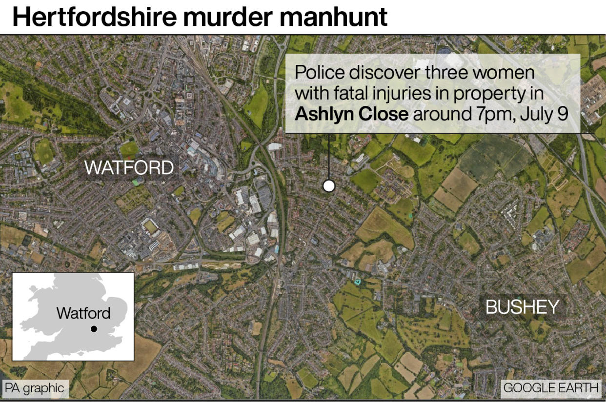 Hertfordshire murder manhunt map showing where the incident took place. (PA)