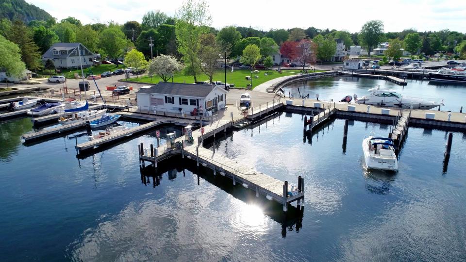 Boat are docked along the harbor in Fish Creek on May 22, 2021.