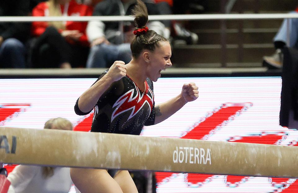 Utah’s Maile O’Keefe reacts after finishing a perfect 10 beam routine during a gymnastics meet against Boise State at the Huntsman Center in Salt Lake City on Friday, Jan. 5, 2024. The Utah Red Rocks won. | Kristin Murphy, Deseret News