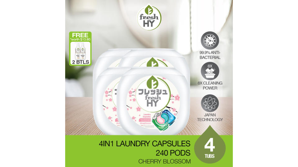 Fresh HY 4in1 Laundry Capsules 60 Pods x 4 Tubs Free Lingerie Wash Detergent 150ml x 2 Bottles. (Photo: Shopee SG)