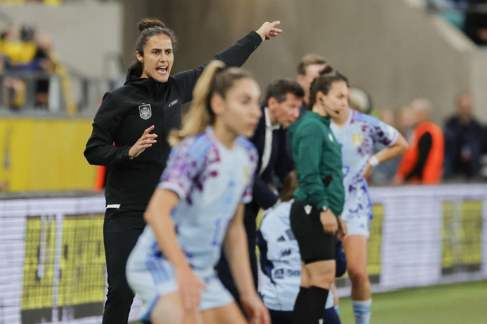 Spain's head coach Montse Tomé gestures during the UEFA Women's Nations League soccer match between Sweden and Spain at Gamla Ullevi stadium in Gothenburg, Sweden, Friday, Sept. 22, 2023. (Björn Larsson Rosvall/TT News Agency via AP)