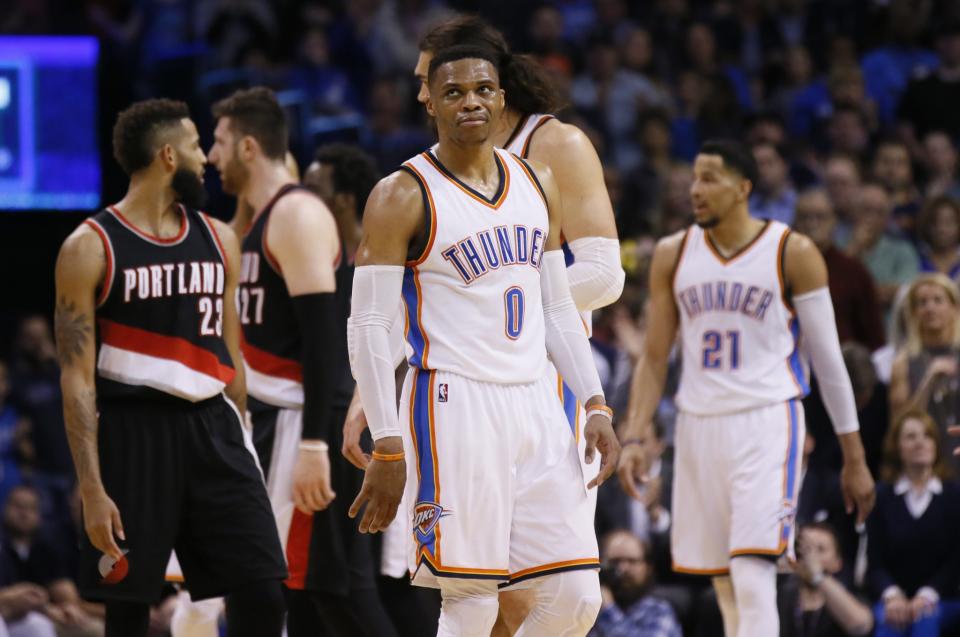 Russell Westbrook's Thunder got within arm's reach of the fourth seed, but have stumbled. (AP)