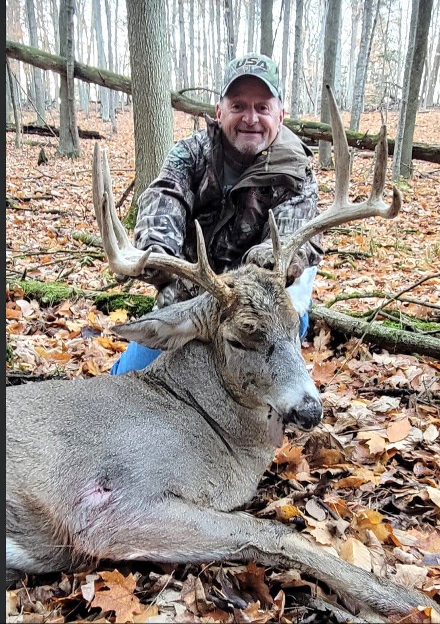 Don Marquardt of Manitowoc shows the buck he arrowed Nov. 9, 2023, in the Kellnersville area. After field dressing, the buck tipped the scale at 225 pounds and sported a heavy 9-point rack with a 19-inch inside spread.