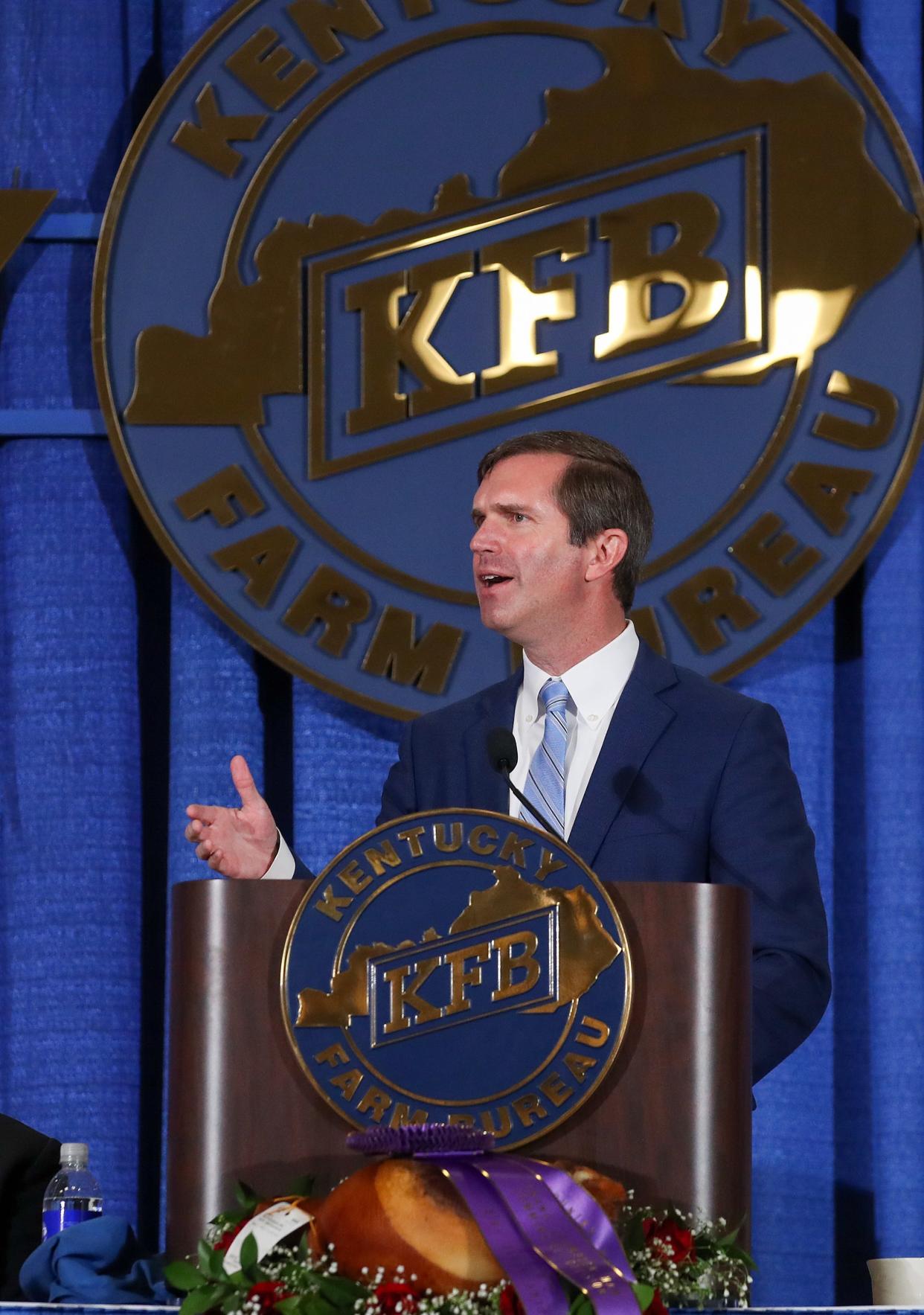 Kentucky Governor Andy Beshear speaks at the Kentucky Farm Bureau annual Country Ham Breakfast at the Kentucky State Fair on Thursday, August 24, 2023