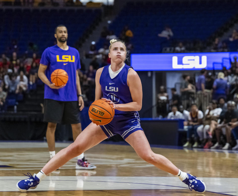 LSU guard Hailey Van Lith (11) makes a move before pulling up for a jump shot during practice at the Pete Maravich Assembly Center in Baton Rouge, La., Monday, Sept. 25, 2023. LSU is ranked No. 1 in the AP Top 25 preseason women's basketball poll, released Tuesday, Oct. 17, 2023. There's clearly a lot of optimism around LSU as they return a stellar group, including Angel Reese and added two huge transfers with Hailey Van Lith and Aneesah Morrow.(Michael Johnson/The Advocate via AP)