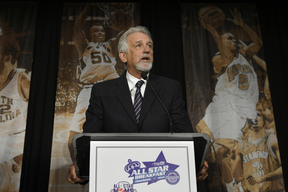 Paul Westphal speaks after receiving the Jerry Colangelo Award at the All Star Breakfast held by the National Basketball Retired Players Association.