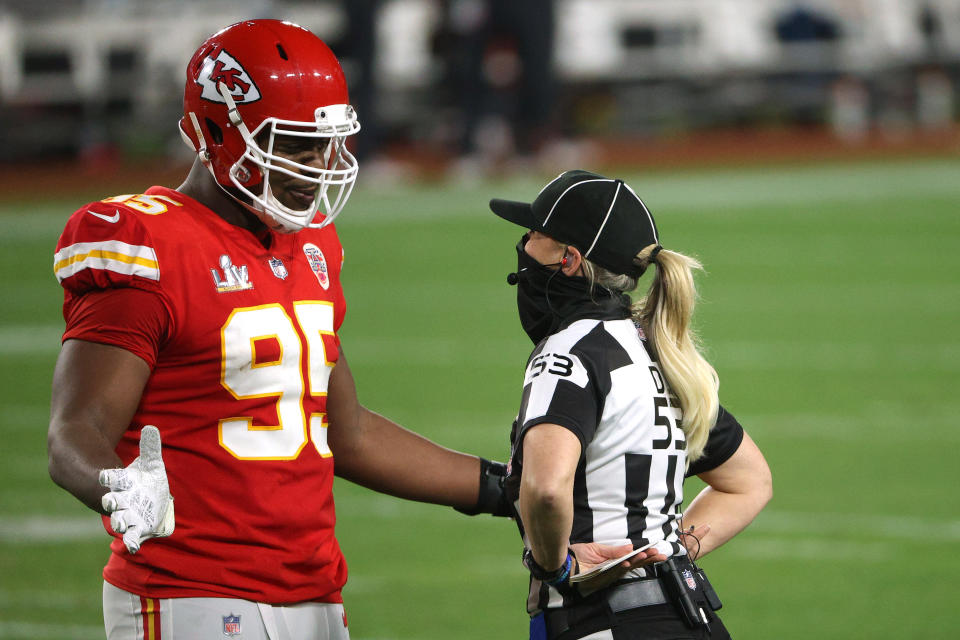 TAMPA, FLORIDA - FEBRUARY 07: Chris Jones #95 of the Kansas City Chiefs speaks with line judge Sarah Thomas #53 during the second quarter of the game in Super Bowl LV at Raymond James Stadium on February 07, 2021 in Tampa, Florida. (Photo by Patrick Smith/Getty Images)