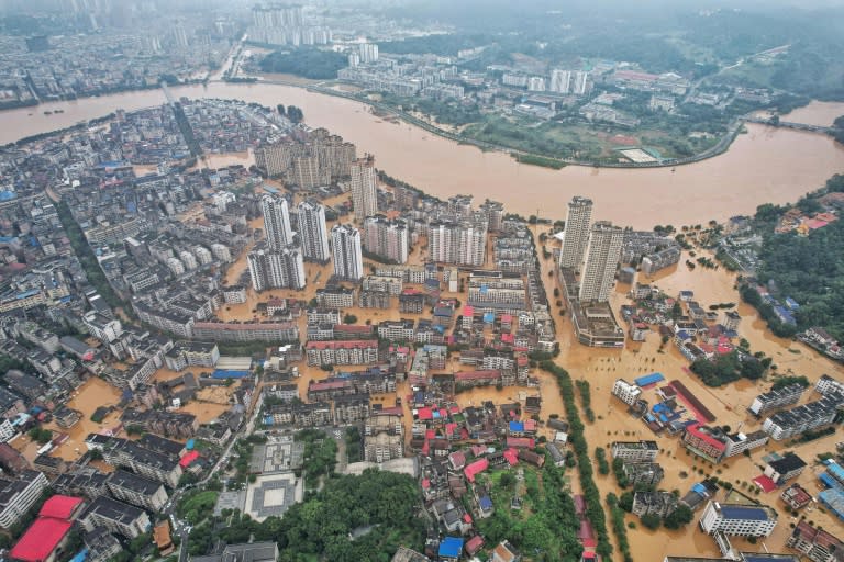 An aerial view of flooded buildings and streets in central China's Hunan province following heavy rains this week (STR)