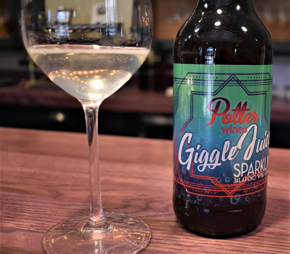 Giggle Juice from Potter Winery is a sparkling jalapeño wine lemonade that is refreshing in a sweet and spicy way with a little bit of tickle on the finish.