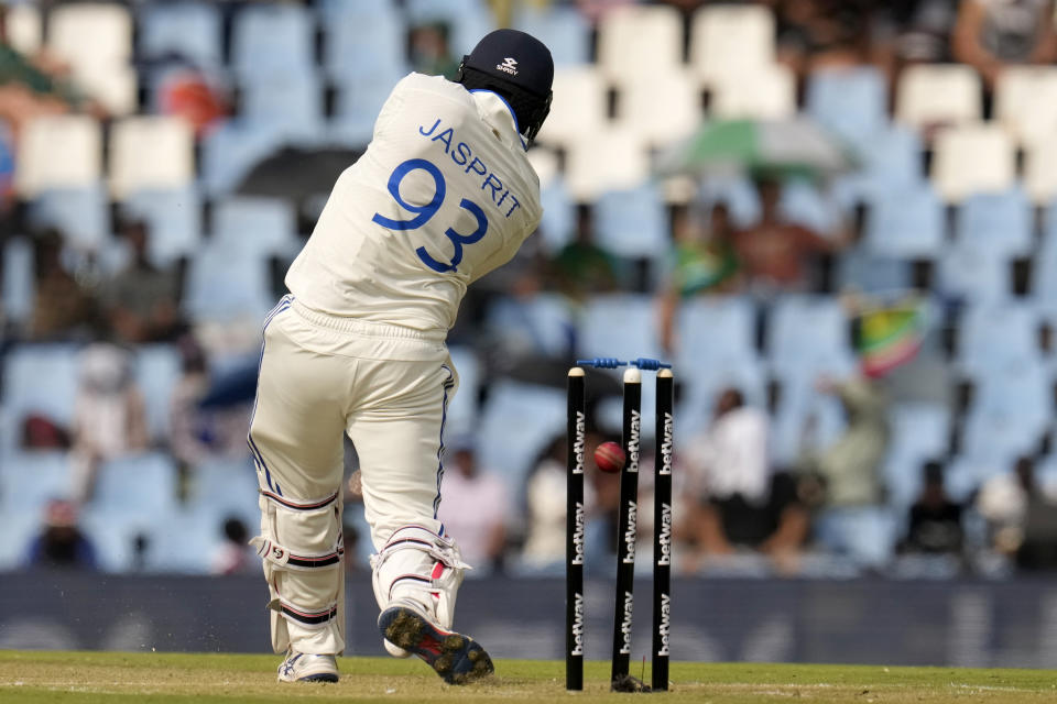 India's batsman Jasprit Bumrah is bowled by South Africa's bowler Marco Jansen, for 1 run during the first day of the Test cricket match between South Africa and India, at Centurion Park, South Africa, Tuesday, Dec. 26, 2023. (AP Photo/Themba Hadebe)