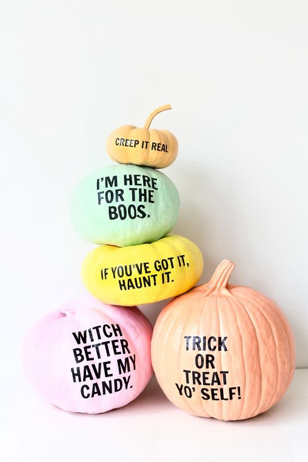 <p>Create these hilariously punny pumpkins by making your favorite phrases Halloween-themed. Pro tip: Use white primer before coating your pumpkins in paint to really make them pop.</p><p>Get the<strong> <a href="http://studiodiy.com/2015/10/19/diy-pun-kins/" rel="nofollow noopener" target="_blank" data-ylk="slk:Pun-kins tutorial" class="link ">Pun-kins tutorial</a></strong> at Studio DIY. </p>