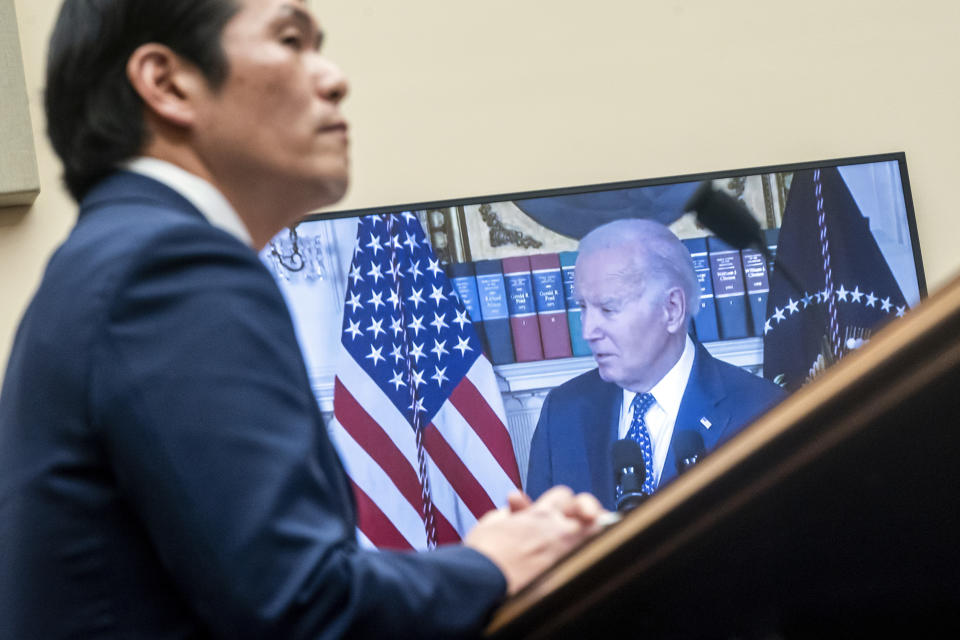 FILE - Special Counsel Robert Hur listens to recorded remarks of President Joe Biden during a hearing of the House Judiciary Committee in the Rayburn Office Building on Capitol Hill in Washington, March 12, 2024. The Justice Department says its concerned that releasing audio of President Joe Biden's interview with a special counsel about his handling of classified documents could lead to deepfakes that trick Americans.(AP Photo/Nathan Howard, File)