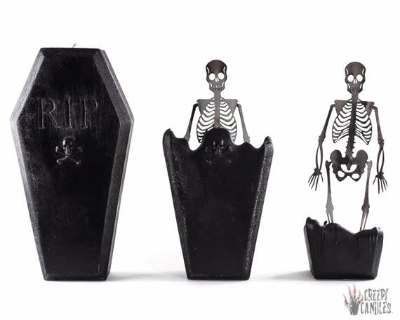 <p><a href="https://go.redirectingat.com?id=74968X1596630&url=https%3A%2F%2Fwww.etsy.com%2Flisting%2F618532695%2Fcoffin-skeleton-candle-halloween-candles&sref=https%3A%2F%2Fwww.thepioneerwoman.com%2Fholidays-celebrations%2Fg32408286%2Fhalloween-candles%2F" rel="nofollow noopener" target="_blank" data-ylk="slk:Shop Now;elm:context_link;itc:0;sec:content-canvas" class="link ">Shop Now</a></p><p>Coffin Hidden Skeleton Candle</p><p>$29.95</p><p>etsy.com</p><span class="copyright">Etsy</span>