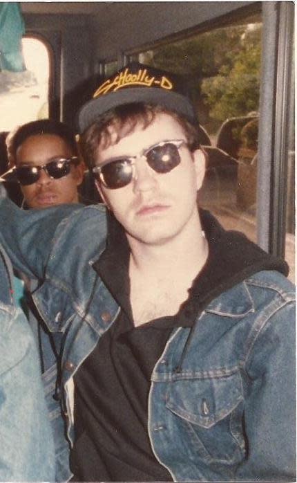 Ruffhouse express: Chris Schwartz on the Schoolly D tour bus. (Supplied by Chris Schwartz)