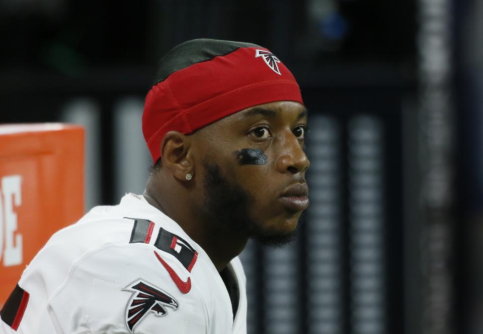 FILE - Atlanta Falcons wide receiver Cameron Batson looks on during the first half of a preseason NFL football game against the Detroit Lions, Aug. 12, 2022, in Detroit. Batson faces multiple charges after allegedly getting involved in an altercation with an officer and fleeing the scene. An officer observed a pickup truck speeding and failing to maintain its lane early Saturday, Dec. 31, 2022, according to an Atlanta Police Department statement. (AP Photo/Duane Burleson, File)