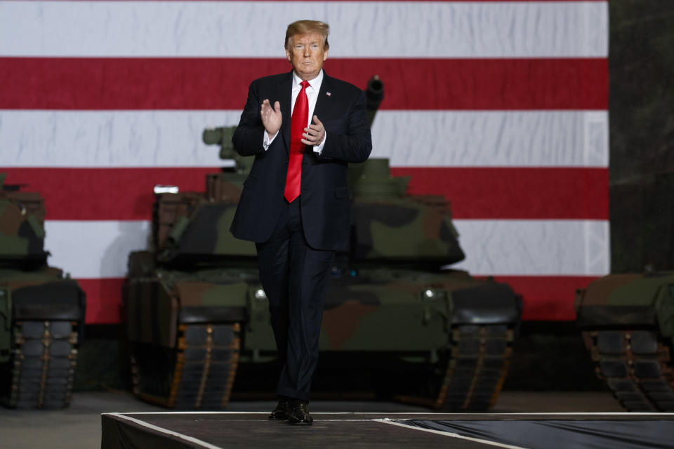 President Donald Trump arrives to deliver remarks at the Lima Army Tank Plant, Wednesday, March 20, 2019, in Lima, Ohio. (AP Photo/Evan Vucci)                                                                                                                                                                                                                                                         