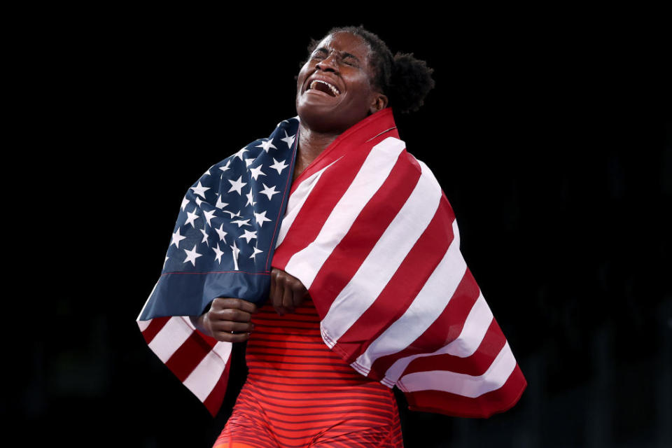 Tamyra Mariama Mensah-Stock of Team USA celebrates defeating Blessing Oborududu of Team Nigeria during the Women's Freestyle 68kg Gold Medal Match on day eleven of the Tokyo Olympics at Makuhari Messe Hall on Aug. 03, 2021 in Chiba, Japan.<span class="copyright">Tom Pennington—Getty Images</span>