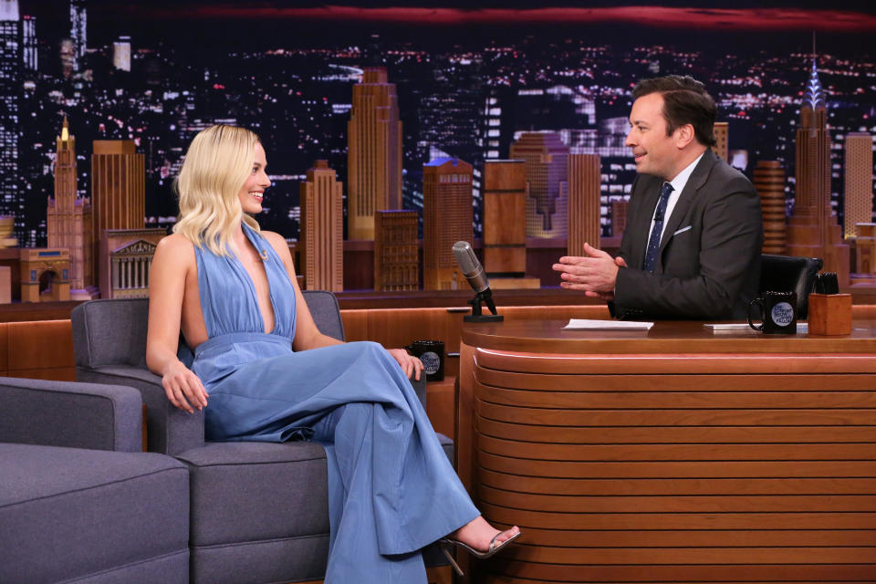 THE TONIGHT SHOW STARRING JIMMY FALLON -- Episode 1202 -- Pictured: (l-r) Actress Margot Robbie during an interview with host Jimmy Fallon on February 4, 2020 -- (Photo by: Andrew Lipovsky/NBC/NBCU Photo Bank via Getty Images)