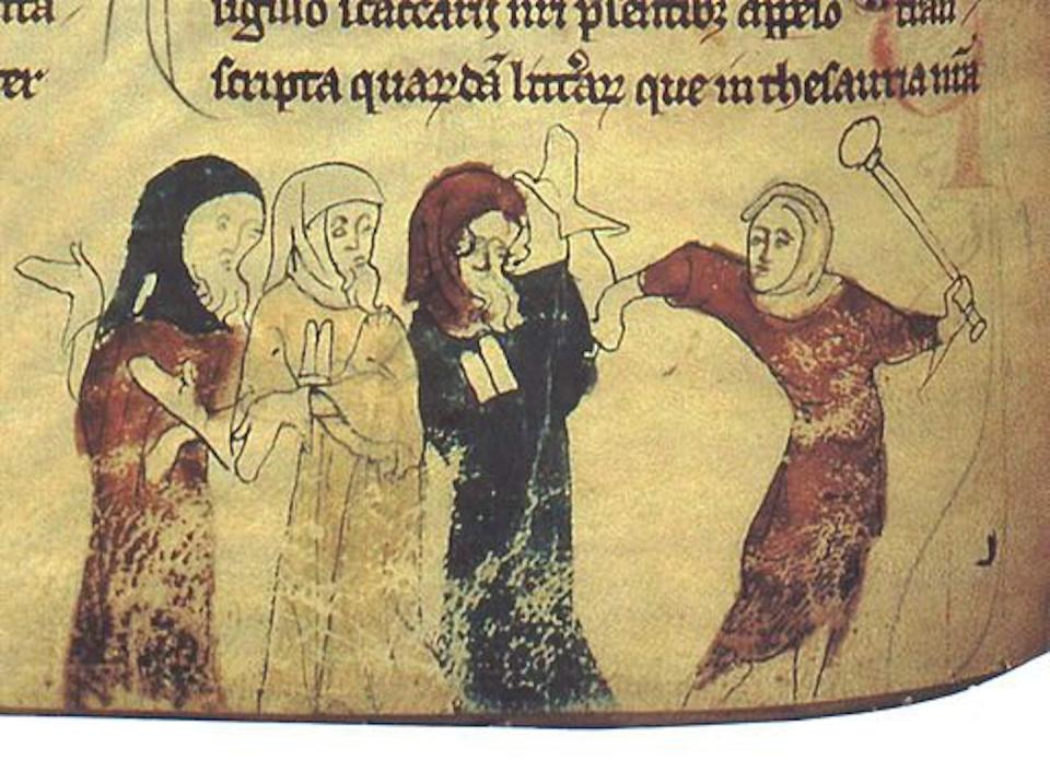 A manuscript illustration of England’s expulsion of Jews in 1290 shows figures wearing badges shaped like the Ten Commandments tablets. <a href="https://commons.wikimedia.org/wiki/File:BritLibCottonNeroDiiFol183vPersecutedJews.jpg" rel="nofollow noopener" target="_blank" data-ylk="slk:British Library/Wikimedia Commons;elm:context_link;itc:0;sec:content-canvas" class="link ">British Library/Wikimedia Commons</a>