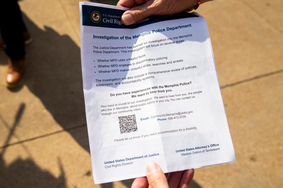 A form with information for how the community can reach the Department of Justice to give their personal experiences with the Memphis Police Department is seen during a press conference of lawmakers and community leaders to respond to the DOJ’s announcement of a civil rights investigation into the City of Memphis and MPD outside Memphis City Hall on Thursday, July 27, 2023.