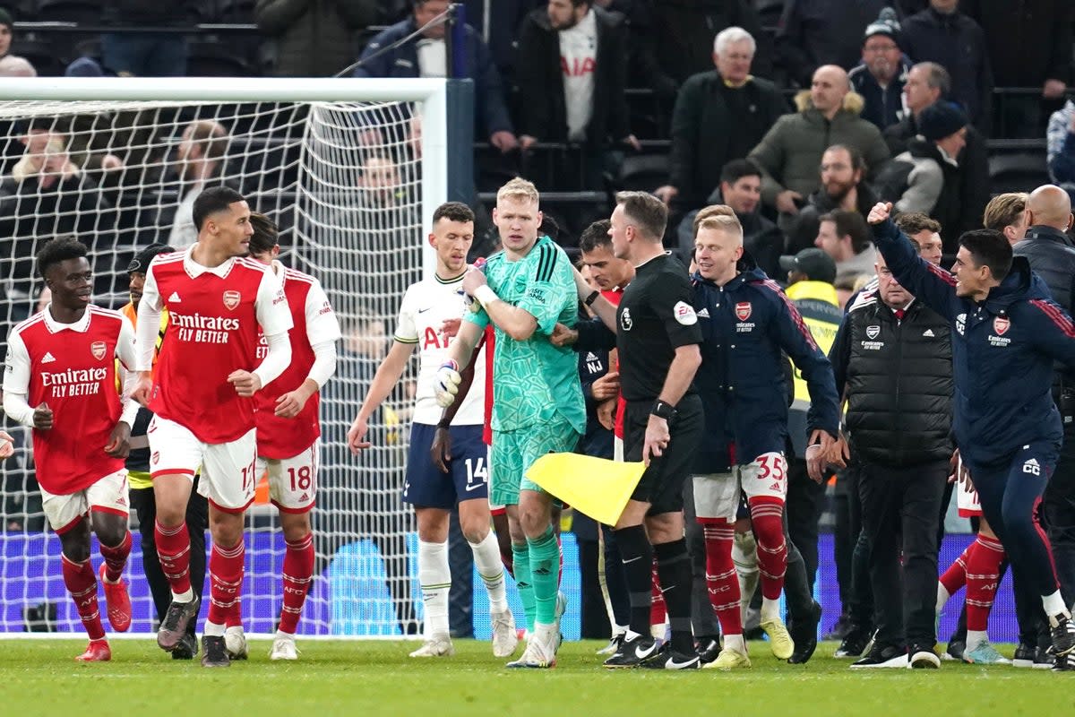 Arsenal goalkeeper Aaron Ramsdale was kicked during the derby (Nick Potts/PA) (PA Wire)