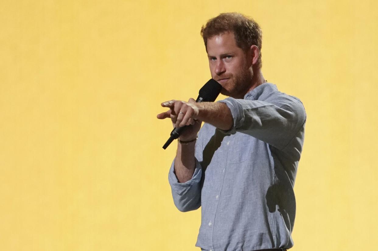 Prince Harry, Duke of Sussex speaks at "Vax Live: The Concert to Reunite the World" on Sunday, May 2, 2021, at SoFi Stadium in Inglewood, Calif.