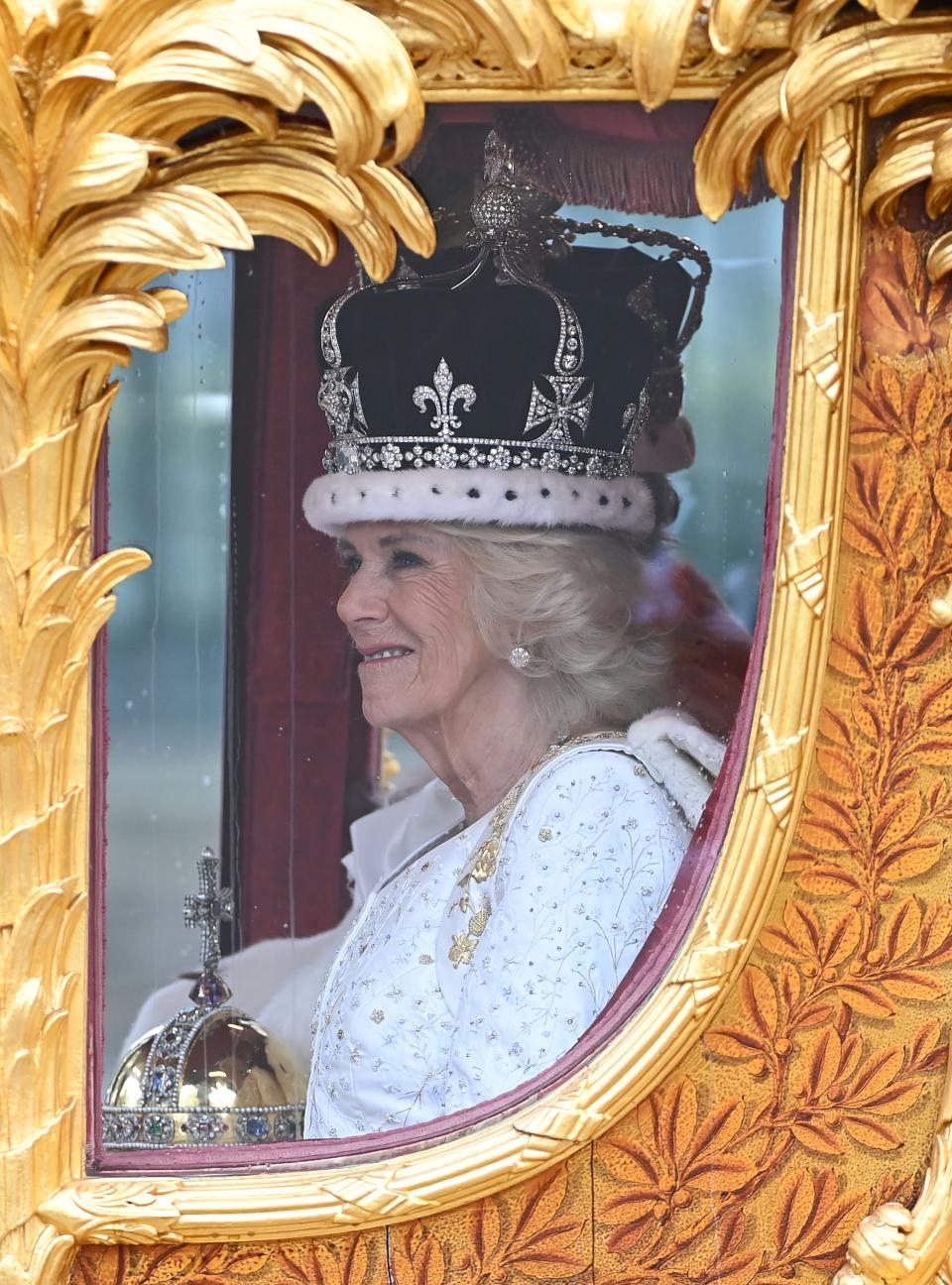 Queen Camilla traveling in the Gold State Coach built in 1760 and used at every Coronation since that of William IV in 1831sets off from Westminster Abbey on route to Buckingham Palace during the Coronation of King Charles III and Queen Camilla on May 6, 2023, in London, England. The Coronation of Charles III and his wife, Camilla, as King and Queen of the United Kingdom of Great Britain, Northern Ireland, and the other Commonwealth realms are at Westminster Abbey today. Charles acceded to the throne on 8 September 2022, upon the death of his mother, Elizabeth II.