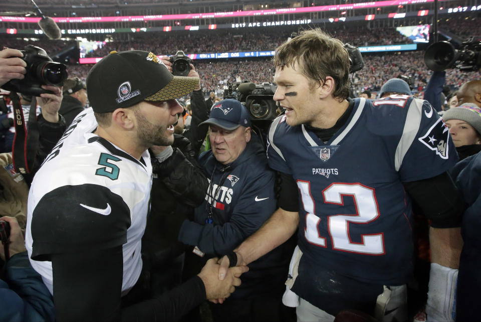 Jacksonville Jaguars quarterback Blake Bortles, left, and New England Patriots quarterback Tom Brady (12) meet after the AFC title game. (AP)