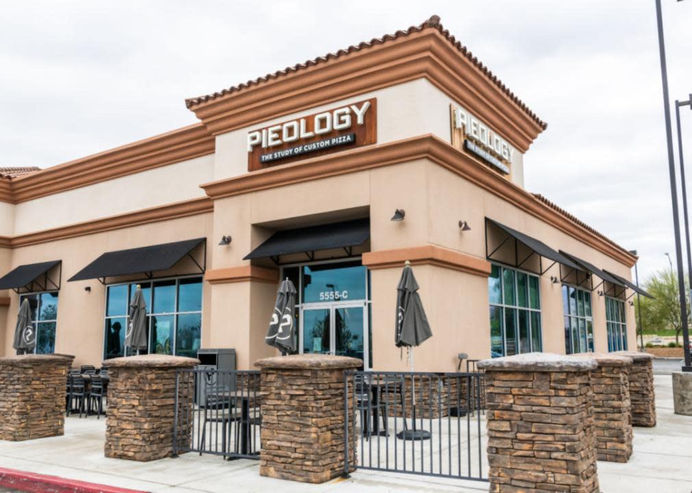 Exterior of a Pieology custom pizza restaurant.