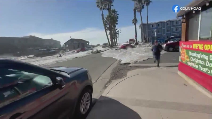 Video captured the moment beachgoers were slammed into by a massive rogue wave in Ventura County on Dec. 28, 2023, sending nine people to the hospital. (Colin Hoag)