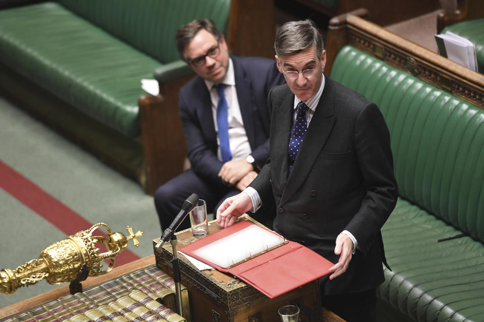 Pro-Brexit lawmaker, Leader of the House of Commons Jacob Rees-Mogg, speaks during the Brexit debate inside the House of Commons in London Saturday Oct. 19, 2019. At the rare weekend sitting of Parliament, Prime Minister Boris Johnson implored legislators to ratify the Brexit deal he struck this week with the other 27 EU leaders. Lawmakers voted Saturday in favour of the 'Letwin Amendment', which seeks to avoid a no-deal Brexit on October 31. (Jessica Taylor/House of Commons via AP)