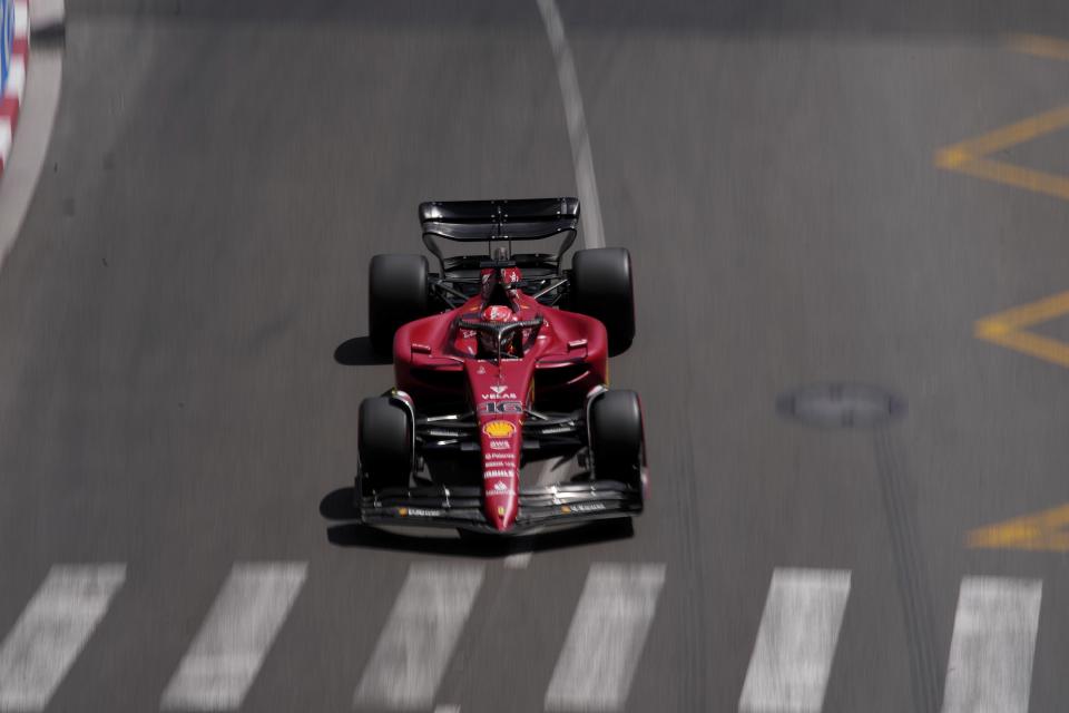 Ferrari driver Charles Leclerc of Monaco steers his car during the third free practice at the Monaco racetrack, in Monaco, Saturday, May 28, 2022. The Formula one race will be held on Sunday. (AP Photo/Daniel Cole)