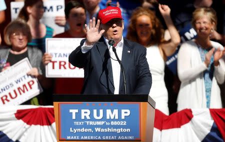 Republican U.S. presidential candidate Donald Trump speaks during a campaign rally in Lynden, Washington, U.S., May 7, 2016. REUTERS/Jim Urquhart