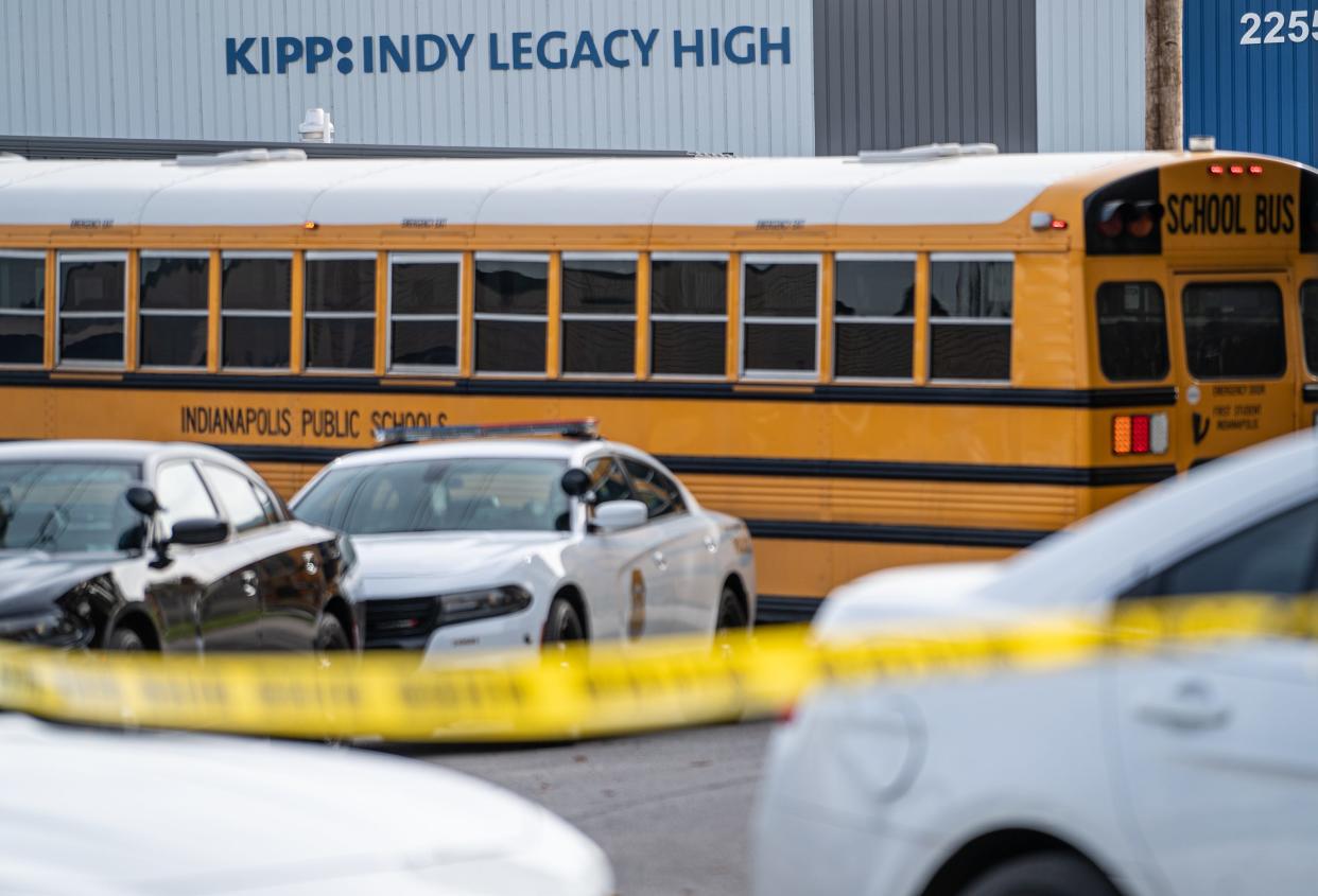 Authorities are at the scene of a shooting on the grounds of Edna Martin Christian Center and the KIPP:Indy High School on Friday, Nov. 3, 2023, in Indianapolis.