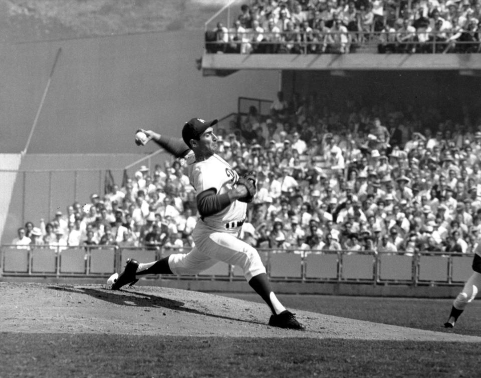Sandy Koufax on the mound during the fifth game of the World Series in 1965. (AP Photo)