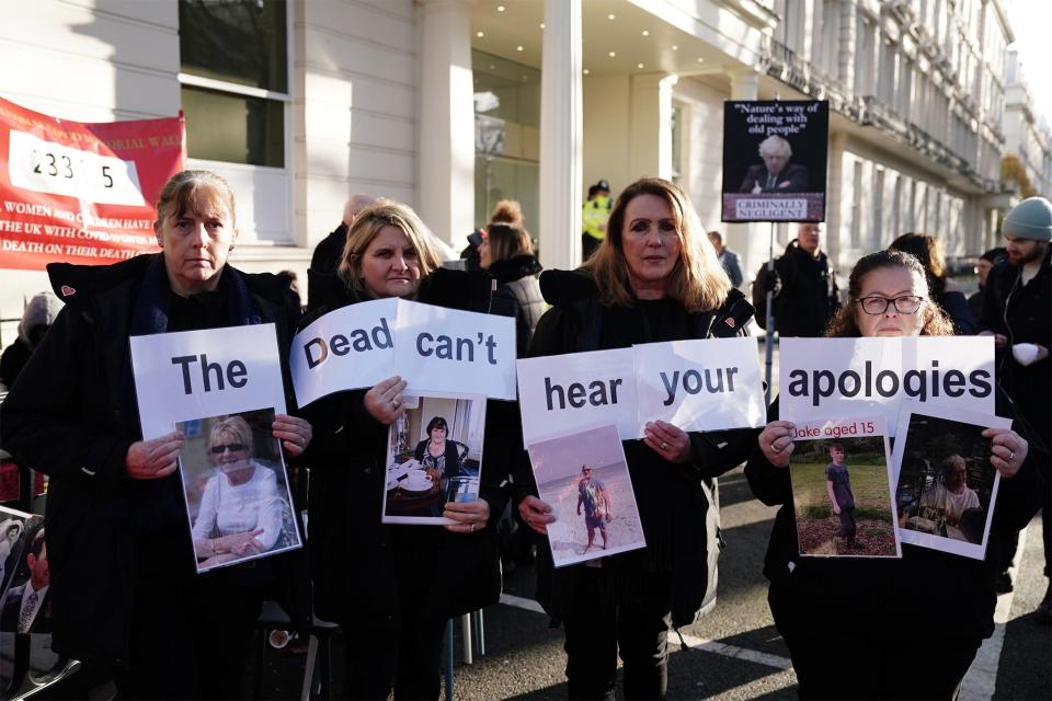 (left to right) Kirsten Hackman, Michelle Rumball, Fran Hall and Kathryn Butcher, who were removed from the UK Covid-19 Inquiry as Boris Johnson began his evidence (PA)