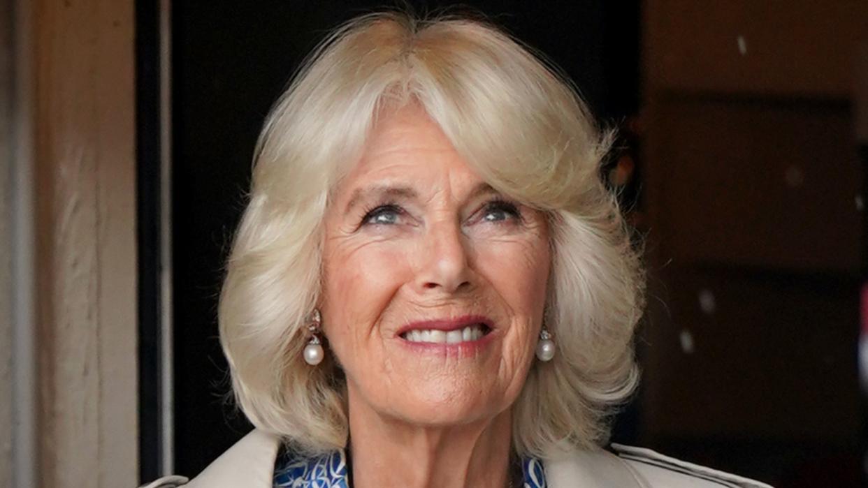   Queen Camilla looks out of a doorway at the rain during a visit to Redwings Horse Sanctuary at Anna Sewell House. 