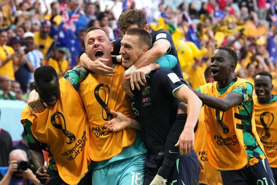 Mitchell Duke celebrates scoring Australia’s goal (Jonathan Brady/PA) (PA Wire)