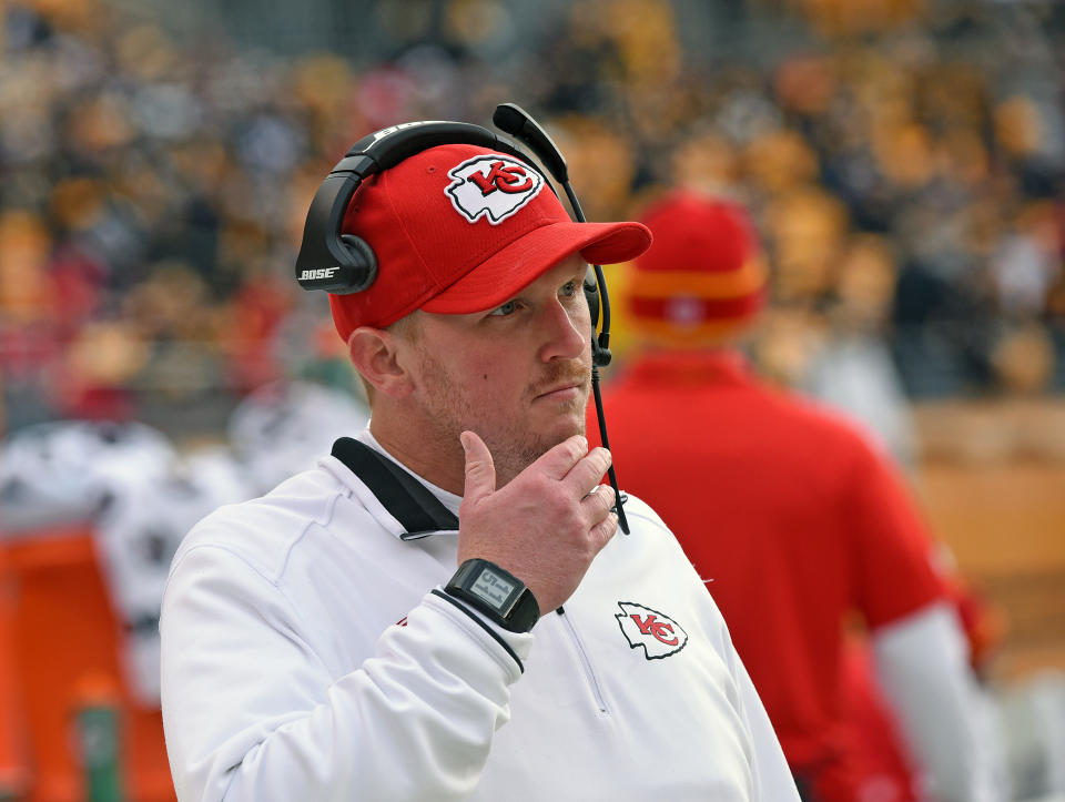 PITTSBURGH, PA - DECEMBER 21:  Quality control coach Britt Reid of the Kansas City Chiefs looks on from the sideline before a game against the Pittsburgh Steelers at Heinz Field on December 21, 2014 in Pittsburgh, Pennsylvania.  The Steelers defeated the Chiefs 20-12. (Photo by George Gojkovich/Getty Images) 